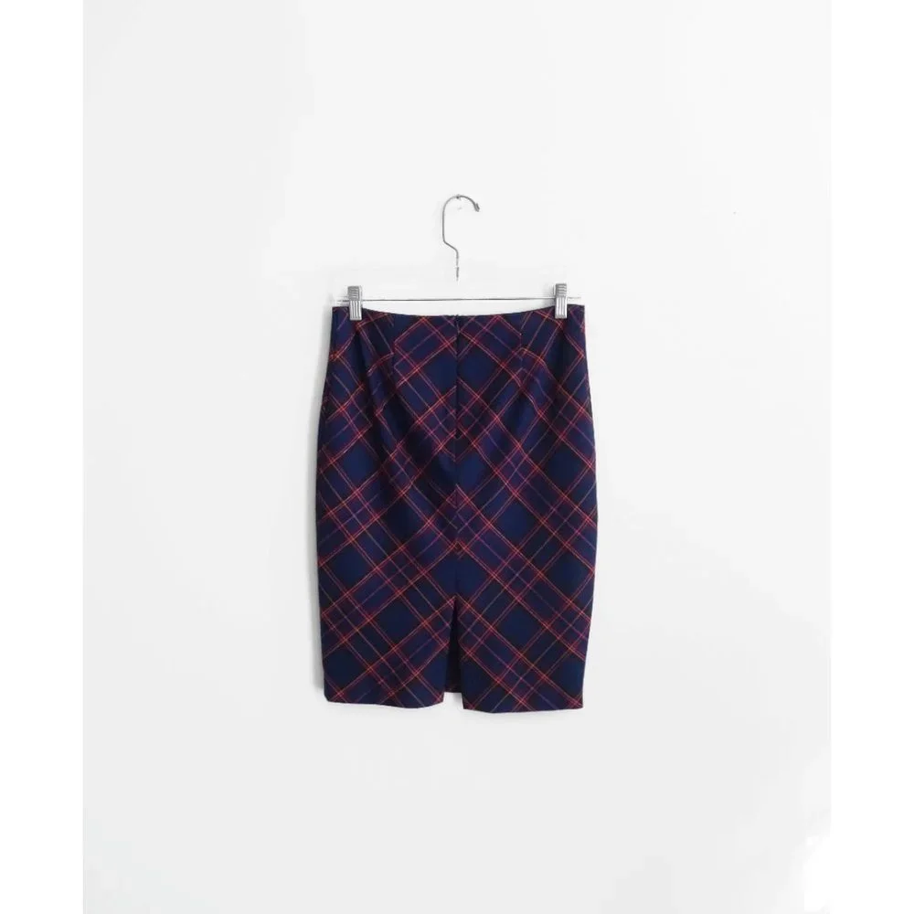 Trina Turk Blue Magenta Plaid Stretch Pencil Skirt size 0 - Picture 5 of 6
